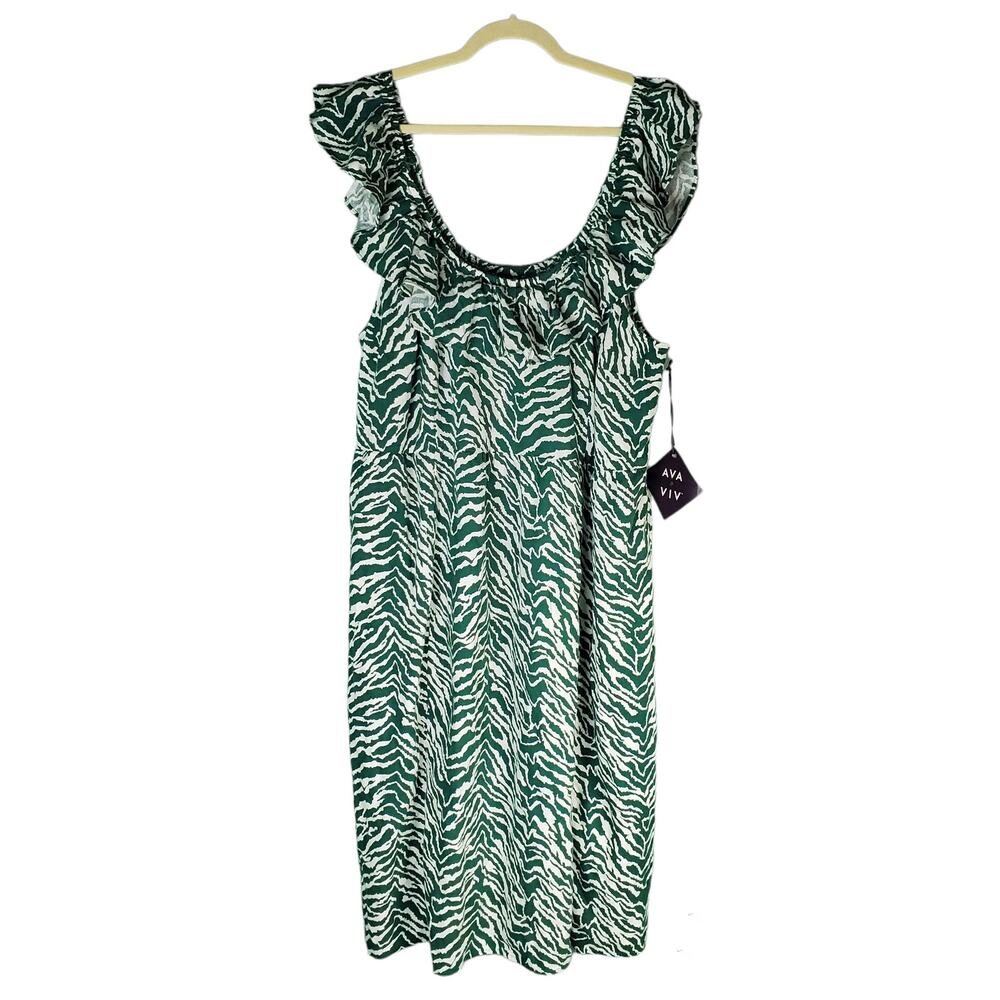 Ava & Viv Women's Green Abstract Print Ruffle Sleeveless A-Line Dress Size 2X